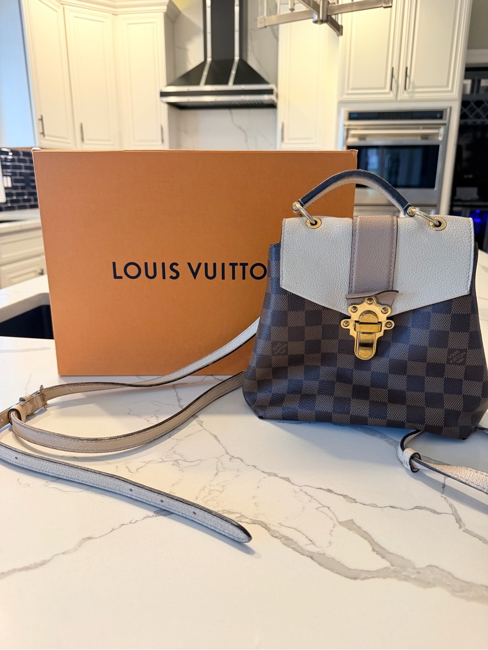 100% Authentic Louis Vuitton Clapton Backpack / Crossbody (Damier Ebene / Creme)